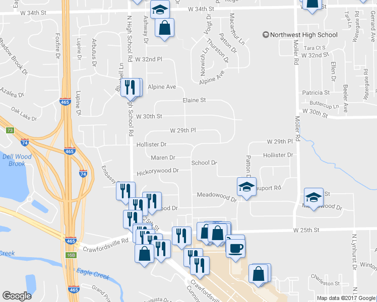 map of restaurants, bars, coffee shops, grocery stores, and more near 2836 Parkwood Drive in Speedway