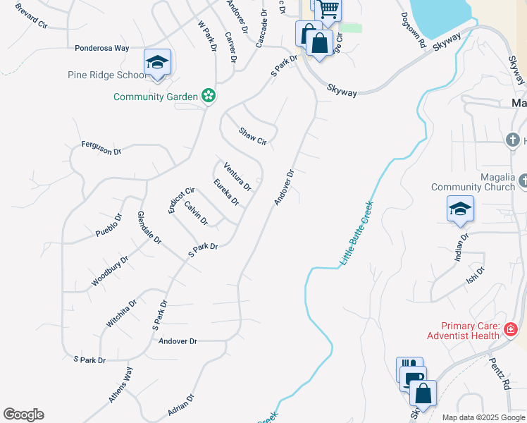map of restaurants, bars, coffee shops, grocery stores, and more near 13733 Andover Drive in Magalia