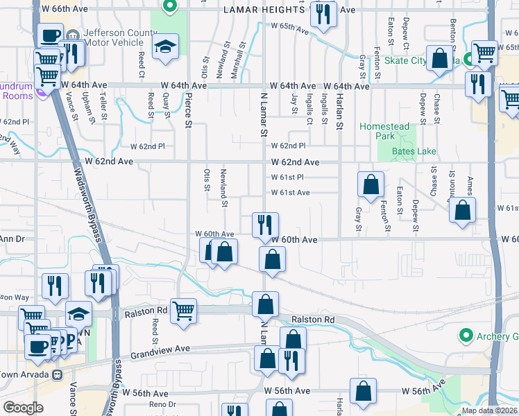 map of restaurants, bars, coffee shops, grocery stores, and more near 6065 North Lamar Street in Arvada