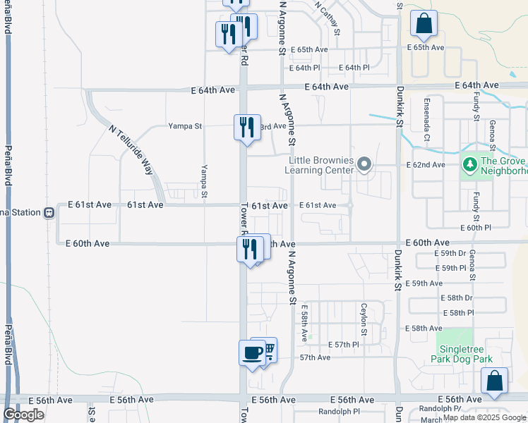 map of restaurants, bars, coffee shops, grocery stores, and more near 18590 East 61st Avenue in Denver