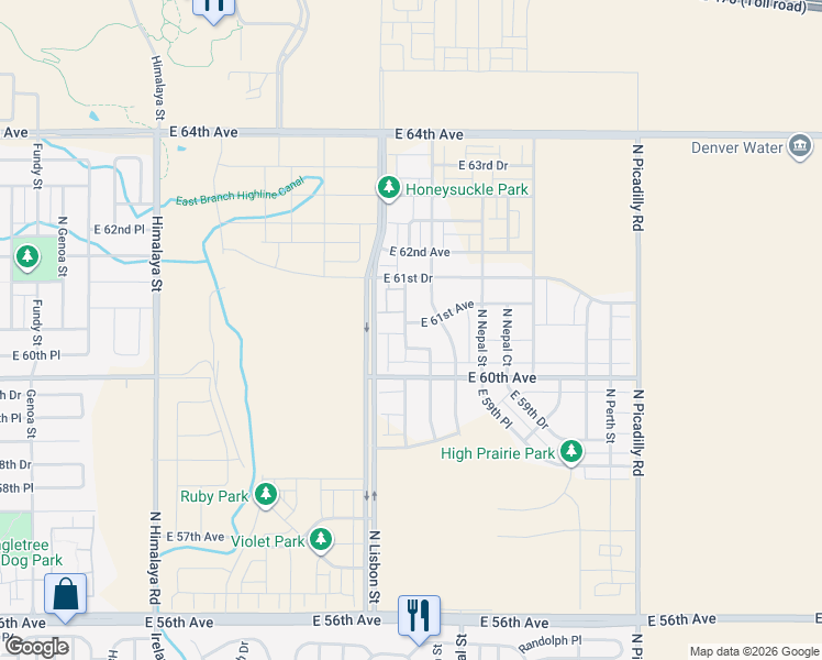 map of restaurants, bars, coffee shops, grocery stores, and more near 20926 East 61st Avenue in Aurora