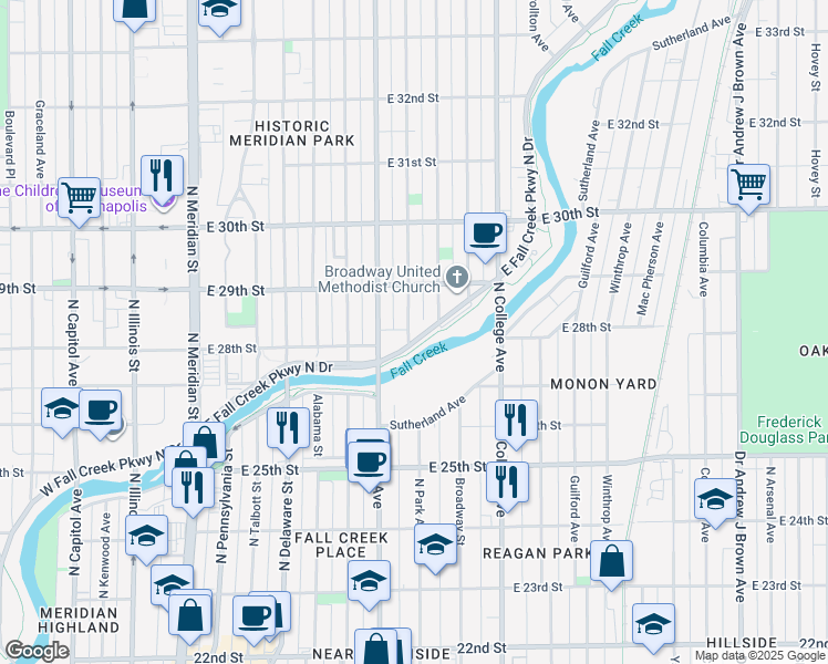 map of restaurants, bars, coffee shops, grocery stores, and more near 522 East Fall Creek Parkway North Drive in Indianapolis
