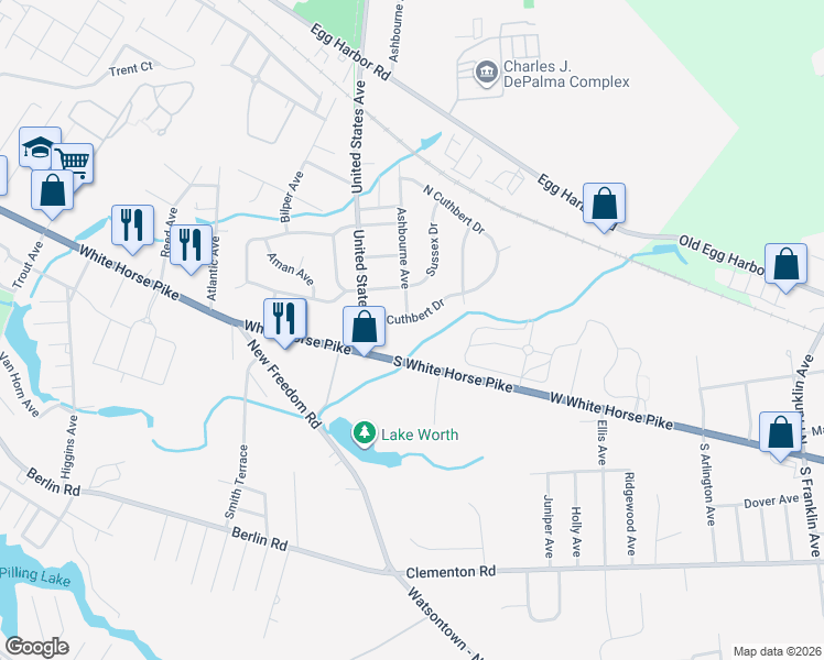 map of restaurants, bars, coffee shops, grocery stores, and more near 2300 South Cuthbert Drive in Lindenwold