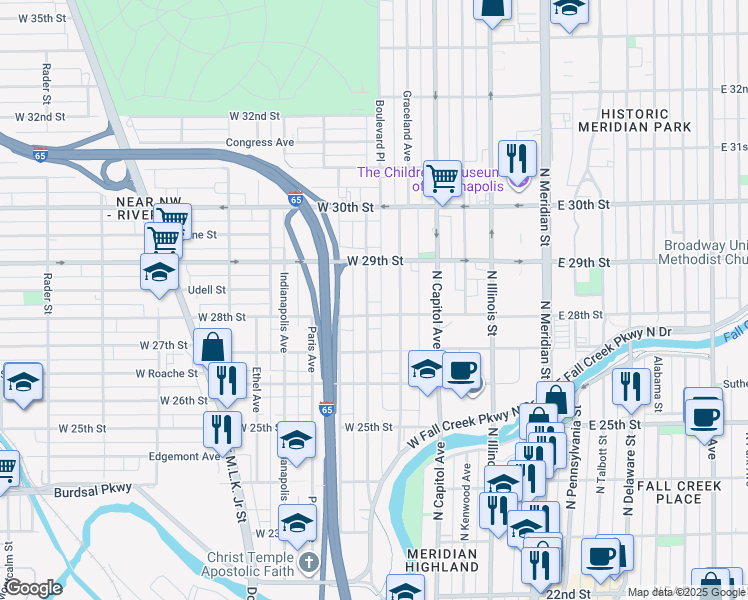 map of restaurants, bars, coffee shops, grocery stores, and more near 2818 Highland Place in Indianapolis