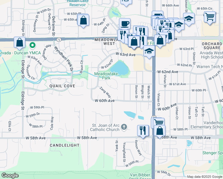 map of restaurants, bars, coffee shops, grocery stores, and more near 12932 West 61st Circle in Arvada