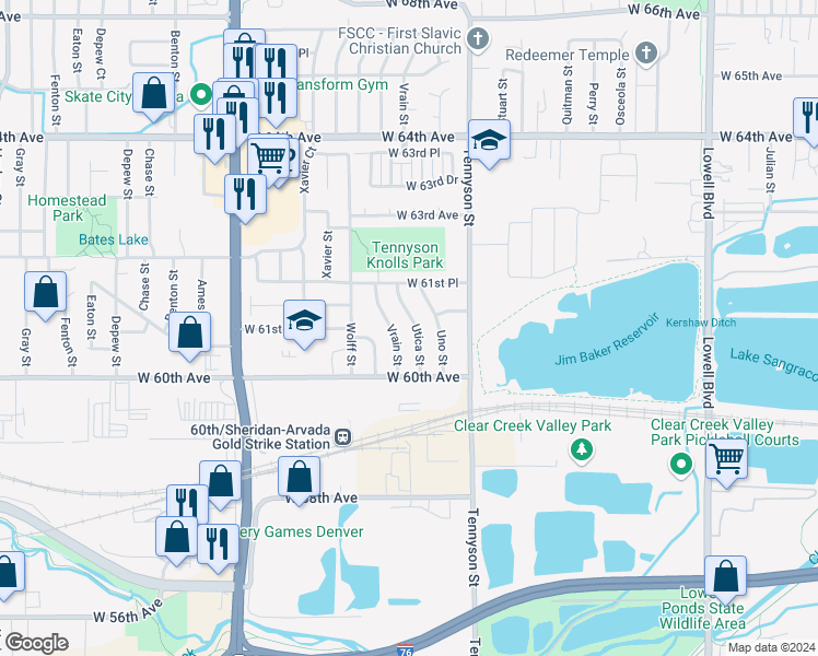 map of restaurants, bars, coffee shops, grocery stores, and more near 6065 Utica Street in Arvada