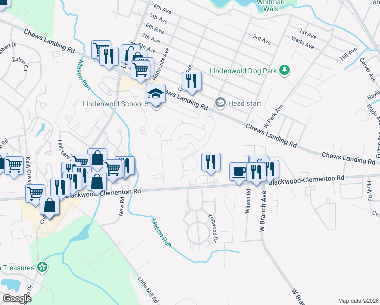 map of restaurants, bars, coffee shops, grocery stores, and more near 57 Dover Drive in Lindenwold