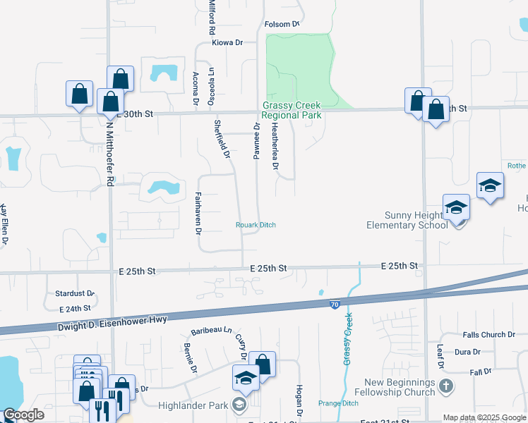 map of restaurants, bars, coffee shops, grocery stores, and more near 2701 Pawnee Drive in Indianapolis