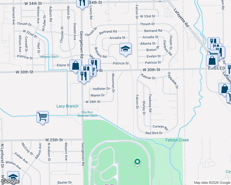 map of restaurants, bars, coffee shops, grocery stores, and more near 2837 Mussman Drive in Indianapolis