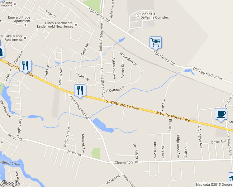 map of restaurants, bars, coffee shops, grocery stores, and more near 2300 South Cuthbert Drive in Lindenwold