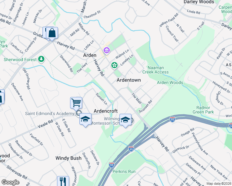 map of restaurants, bars, coffee shops, grocery stores, and more near in Ardencroft