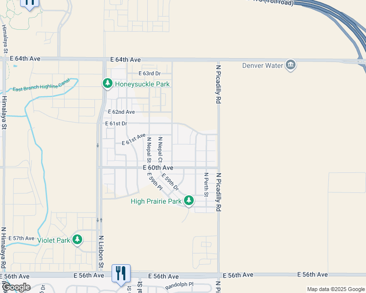 map of restaurants, bars, coffee shops, grocery stores, and more near 6020 North Netherland Court in Aurora