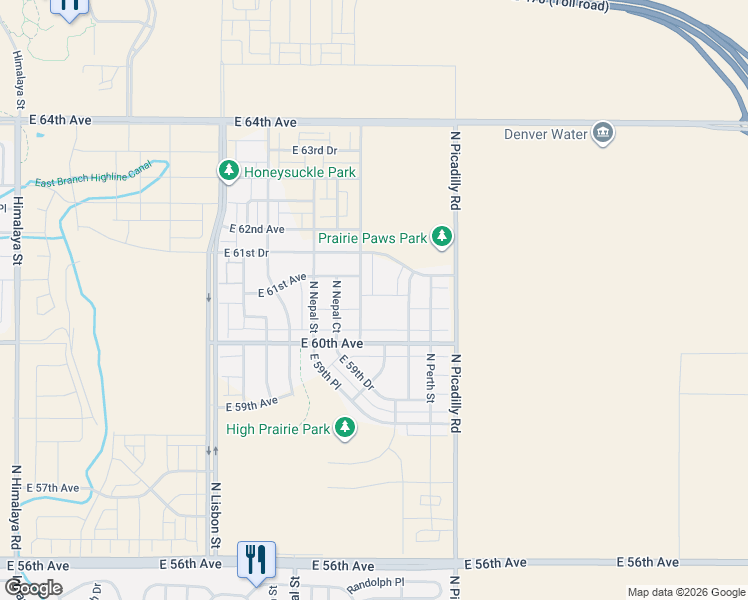 map of restaurants, bars, coffee shops, grocery stores, and more near 6020 North Netherland Court in Aurora