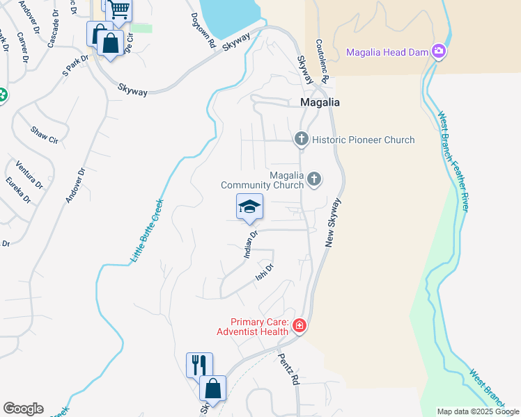 map of restaurants, bars, coffee shops, grocery stores, and more near 13707 Skyway in Magalia