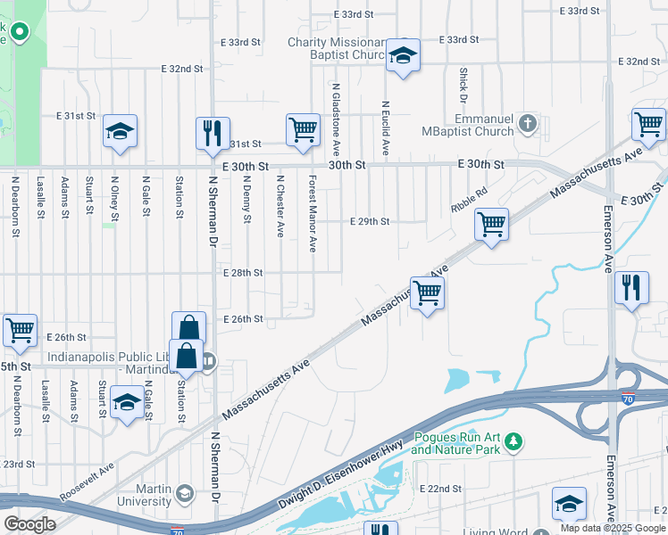 map of restaurants, bars, coffee shops, grocery stores, and more near 2805 Forest Manor Avenue in Indianapolis