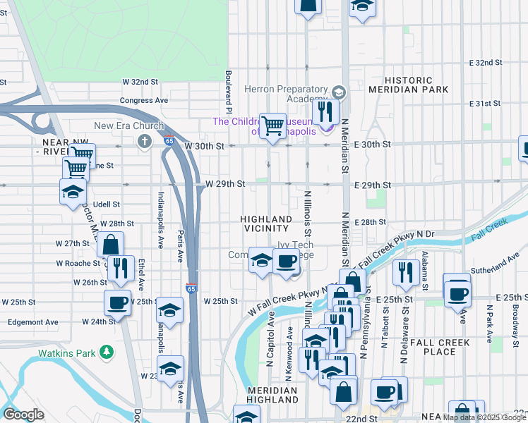 map of restaurants, bars, coffee shops, grocery stores, and more near 2818 North Capitol Avenue in Indianapolis