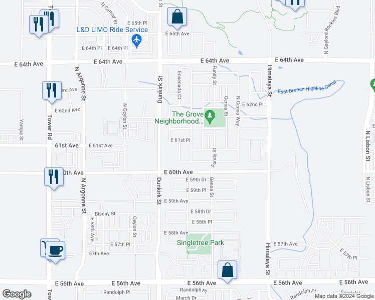 map of restaurants, bars, coffee shops, grocery stores, and more near 6065 Espana Street in Aurora