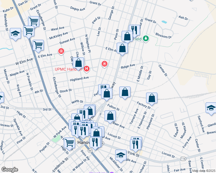 map of restaurants, bars, coffee shops, grocery stores, and more near 516 Stock Street in Hanover