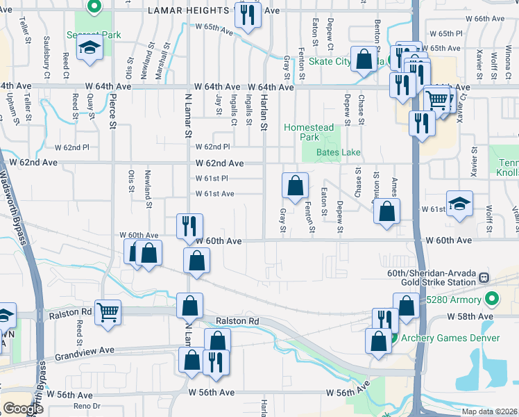 map of restaurants, bars, coffee shops, grocery stores, and more near 6073 Harlan Street in Arvada
