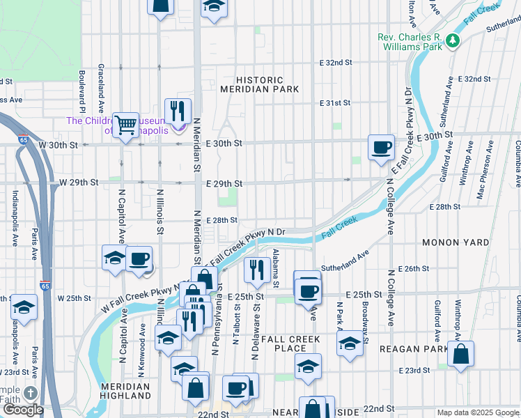 map of restaurants, bars, coffee shops, grocery stores, and more near 2815 North Delaware Street in Indianapolis