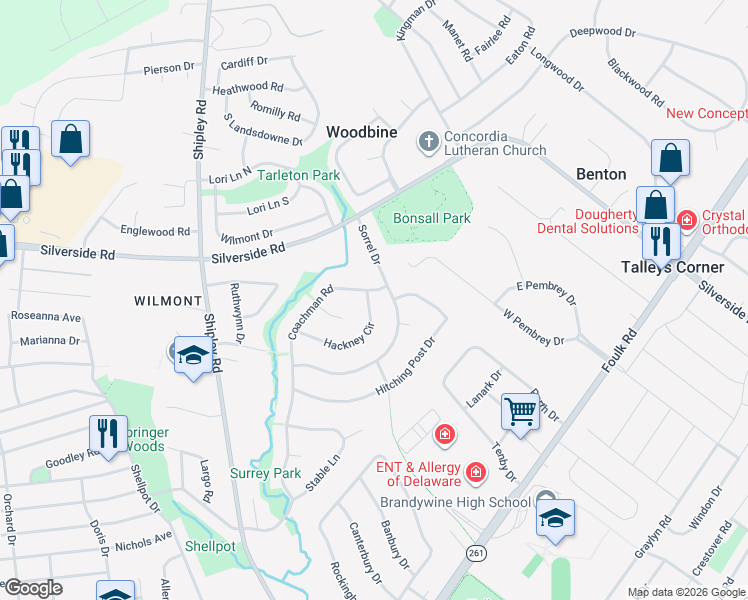 map of restaurants, bars, coffee shops, grocery stores, and more near 100 Hackney Circle in Wilmington
