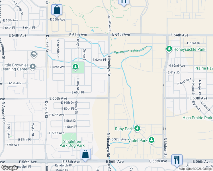 map of restaurants, bars, coffee shops, grocery stores, and more near 6068 North Halifax Court in Aurora