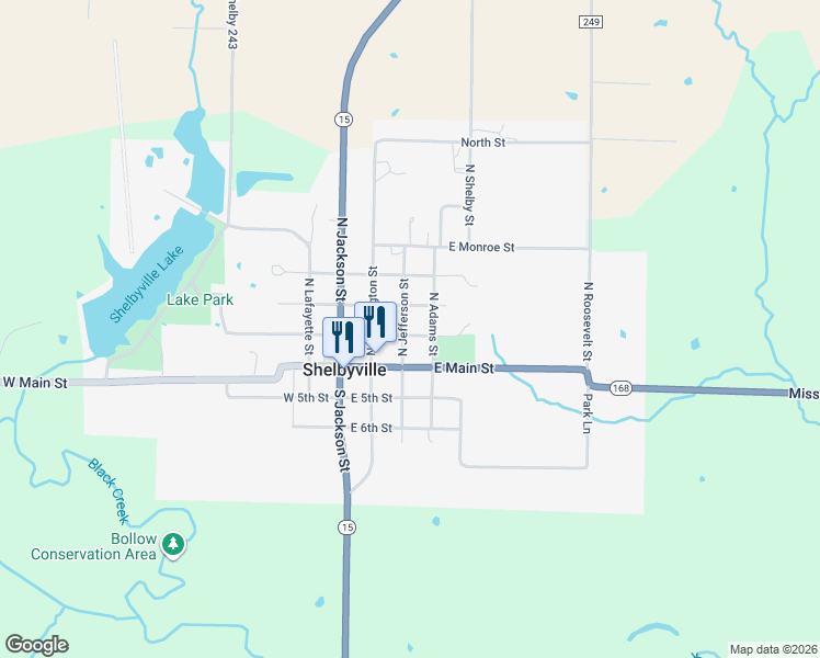 map of restaurants, bars, coffee shops, grocery stores, and more near 302 East 3rd Street in Shelbyville