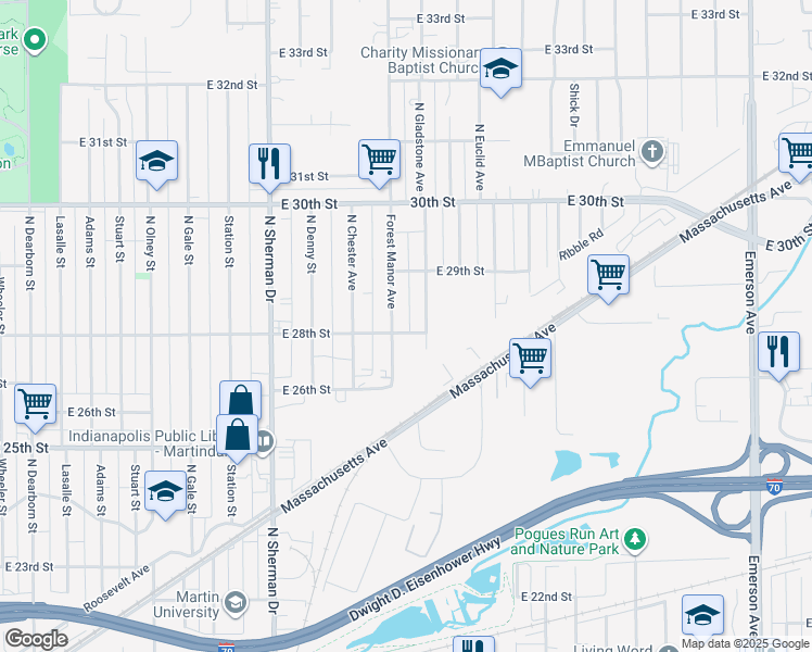map of restaurants, bars, coffee shops, grocery stores, and more near 2805 Forest Manor Avenue in Indianapolis