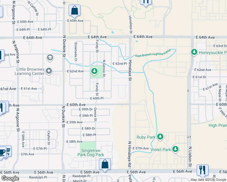 map of restaurants, bars, coffee shops, grocery stores, and more near 6064 North Genoa Way in Aurora