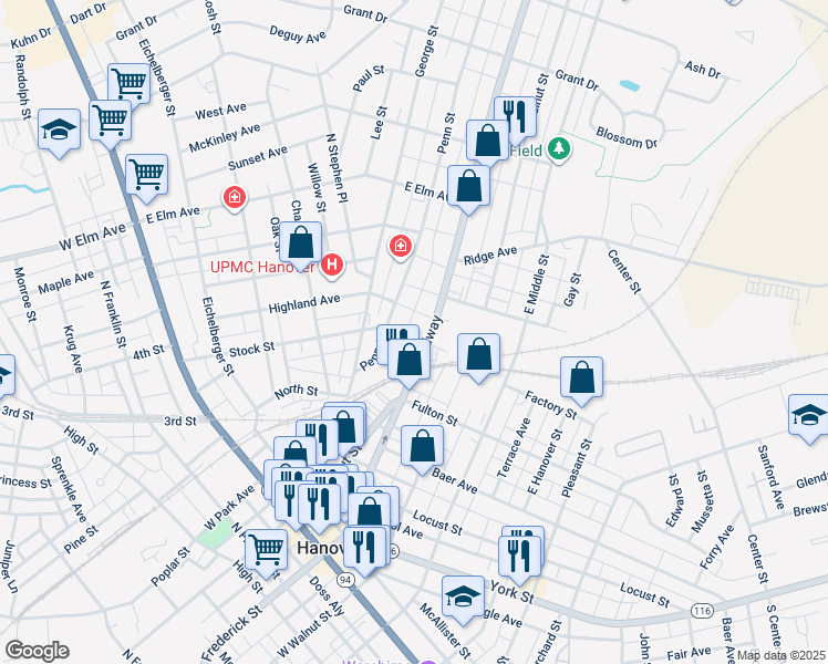 map of restaurants, bars, coffee shops, grocery stores, and more near 516 Stock Street in Hanover