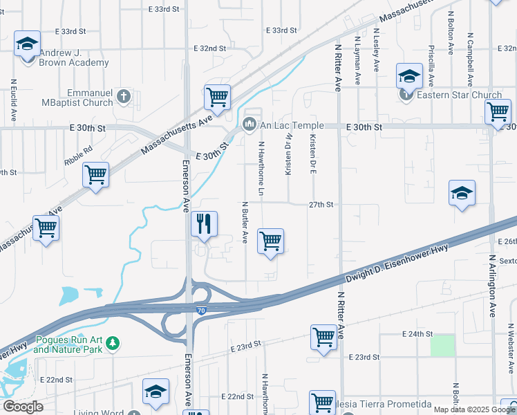 map of restaurants, bars, coffee shops, grocery stores, and more near 2634 North Hawthorne Lane in Indianapolis