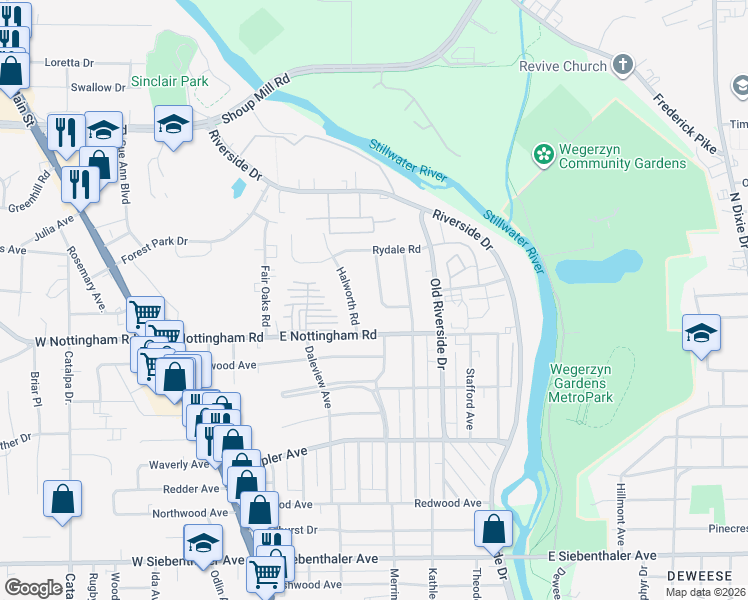 map of restaurants, bars, coffee shops, grocery stores, and more near 4107 Pafford Road in Dayton
