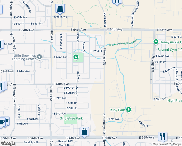 map of restaurants, bars, coffee shops, grocery stores, and more near 6064 North Genoa Way in Aurora