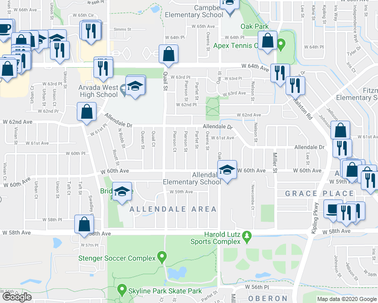 map of restaurants, bars, coffee shops, grocery stores, and more near 6054 Pierson Street in Arvada
