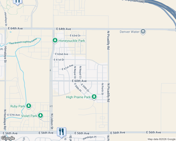map of restaurants, bars, coffee shops, grocery stores, and more near 6020 North Netherland Court in Aurora