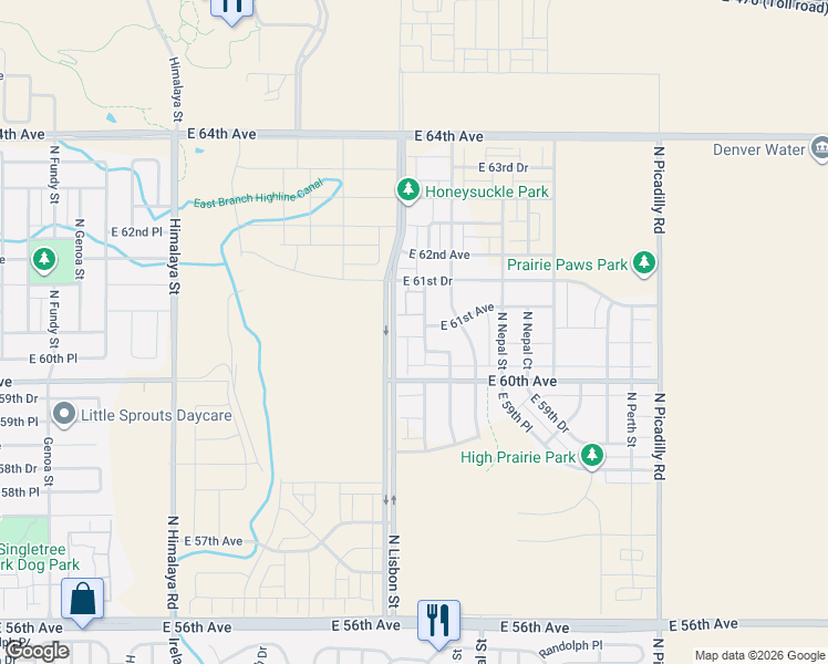 map of restaurants, bars, coffee shops, grocery stores, and more near 20926 East 61st Avenue in Aurora