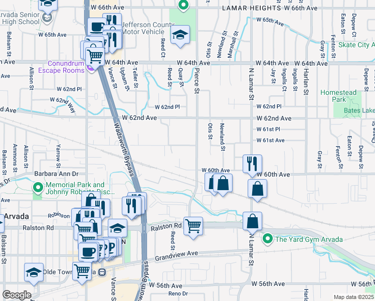 map of restaurants, bars, coffee shops, grocery stores, and more near 6058 Quay Court in Arvada