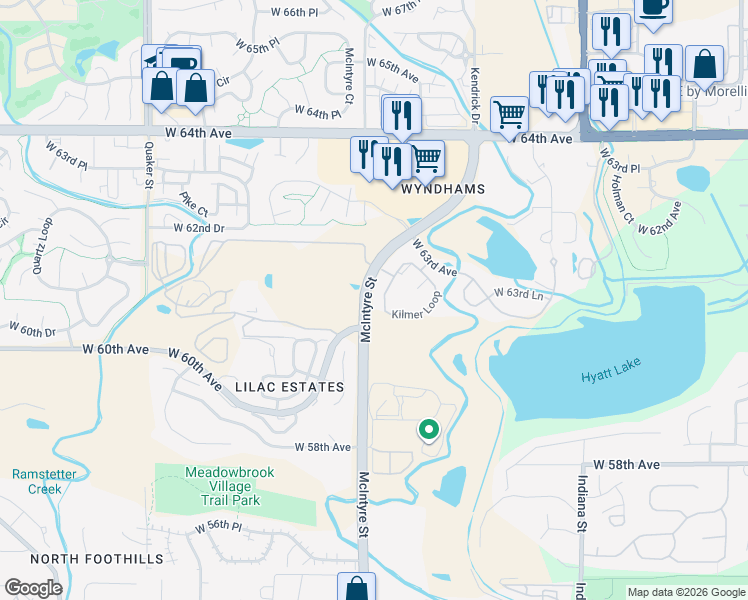 map of restaurants, bars, coffee shops, grocery stores, and more near 6253 Kilmer Loop in Arvada