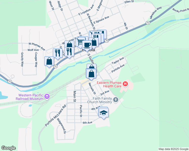 map of restaurants, bars, coffee shops, grocery stores, and more near 72 Commercial Street in Portola