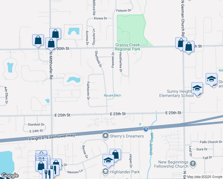 map of restaurants, bars, coffee shops, grocery stores, and more near 2701 Pawnee Drive in Indianapolis