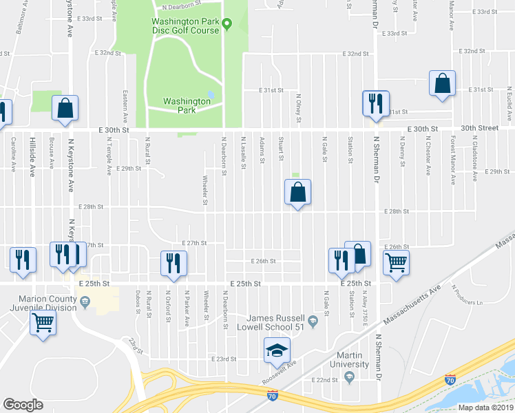 map of restaurants, bars, coffee shops, grocery stores, and more near 2807 North Lasalle Street in Indianapolis