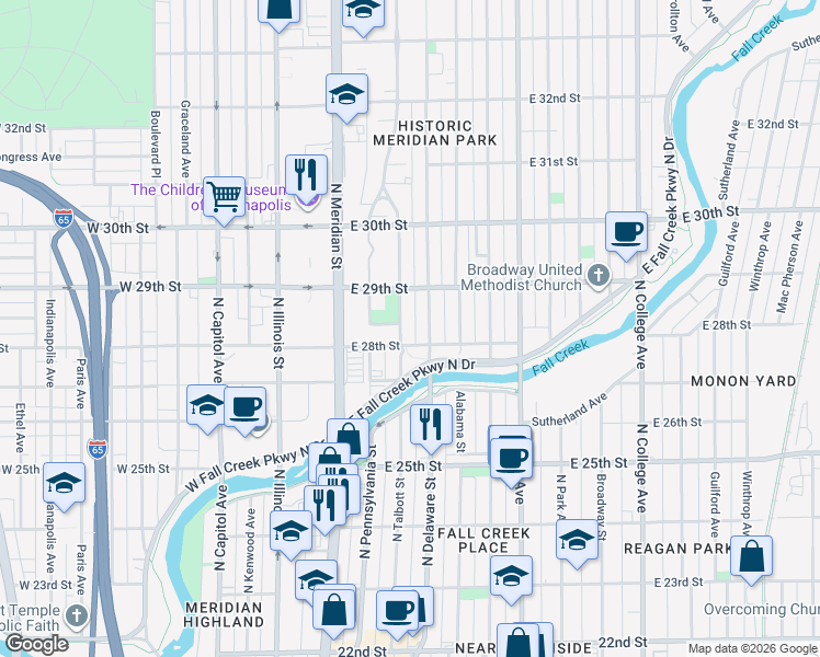 map of restaurants, bars, coffee shops, grocery stores, and more near 2801 North Talbott Street in Indianapolis