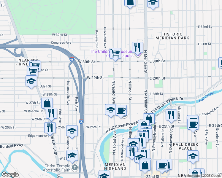 map of restaurants, bars, coffee shops, grocery stores, and more near 2818 North Capitol Avenue in Indianapolis