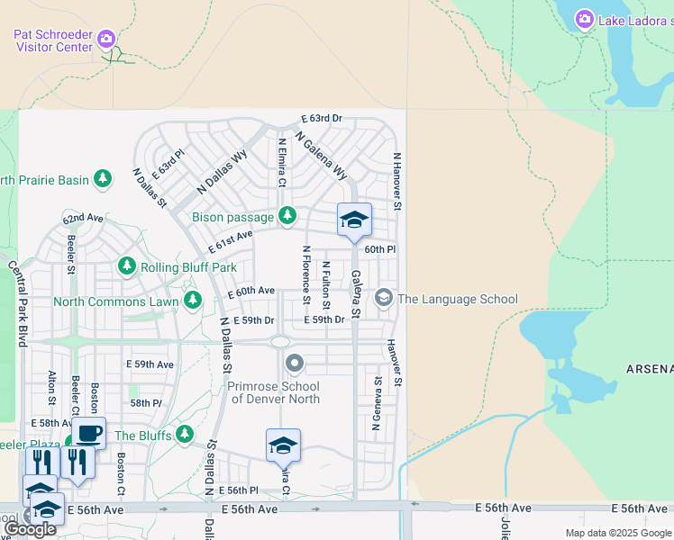 map of restaurants, bars, coffee shops, grocery stores, and more near 6032 North Fulton Street in Denver