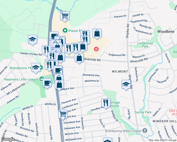 map of restaurants, bars, coffee shops, grocery stores, and more near 402 Brandywine Boulevard in Wilmington