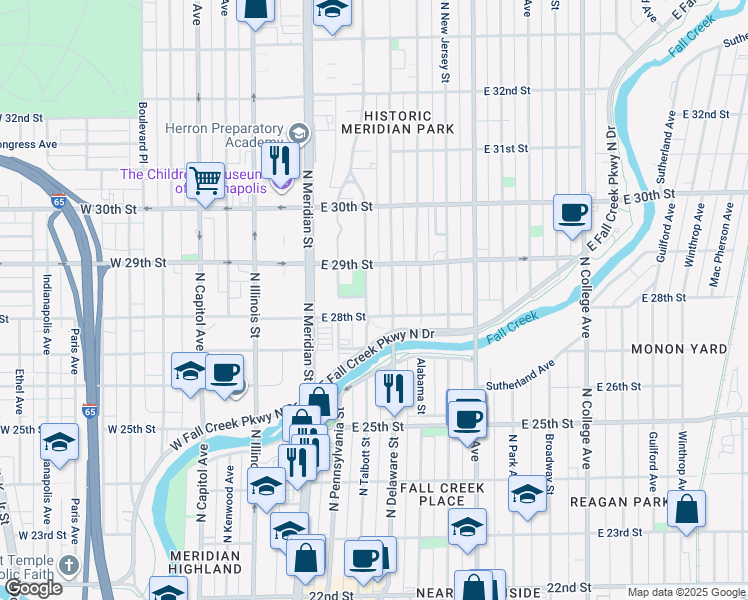 map of restaurants, bars, coffee shops, grocery stores, and more near 2801 North Talbott Street in Indianapolis
