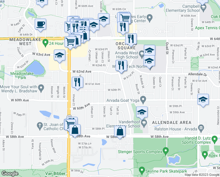 map of restaurants, bars, coffee shops, grocery stores, and more near 11945 West 60th Place in Arvada