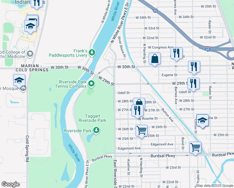 map of restaurants, bars, coffee shops, grocery stores, and more near 2829 East Riverside Drive in Indianapolis