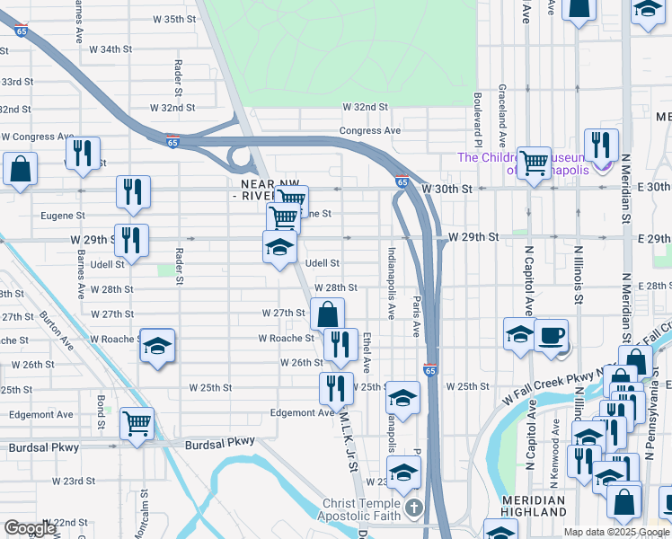 map of restaurants, bars, coffee shops, grocery stores, and more near 605 Udell Street in Indianapolis