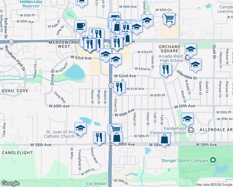 map of restaurants, bars, coffee shops, grocery stores, and more near 6089 Vivian Street in Arvada